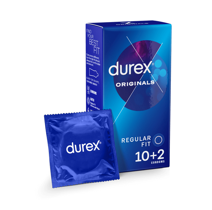 A blue box of Durex Originals Regular Fit condoms (10+2 pack) stands next to an individually wrapped Durex condom. The box includes text: 